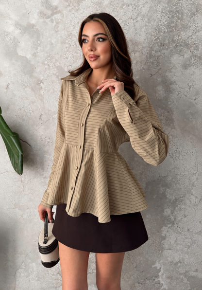 Chemise Péplum Rayée – Beige