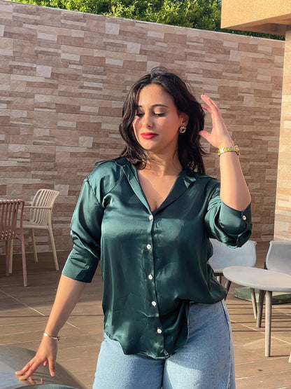 Chemise Satinée Verte Élégante à Manches Longues